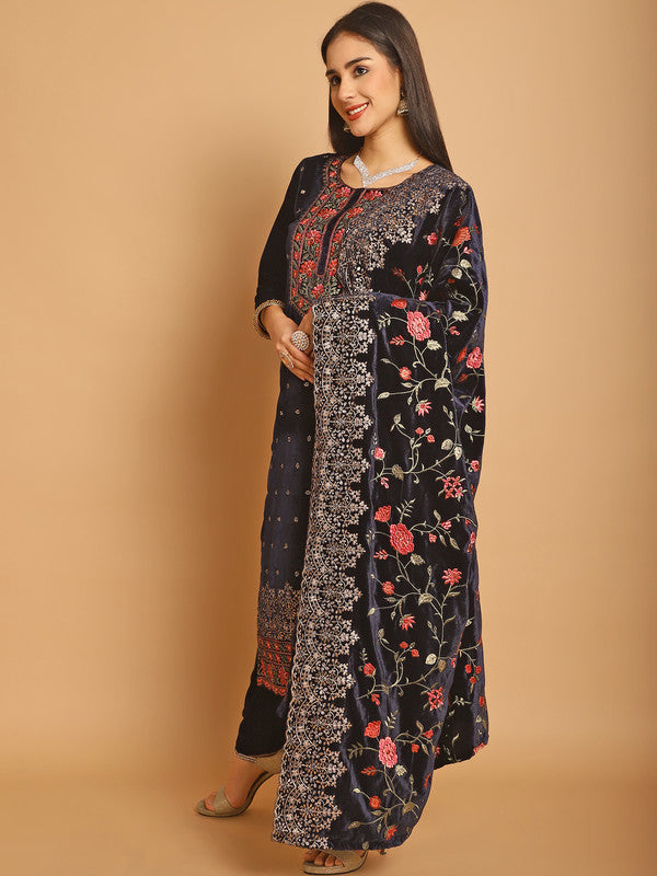 Jyoti Fashion Women's Navy Blue Velvet Floral Resham Thread with Jari & Sequince work Designer Straight Suit Set | Swadesiicart
