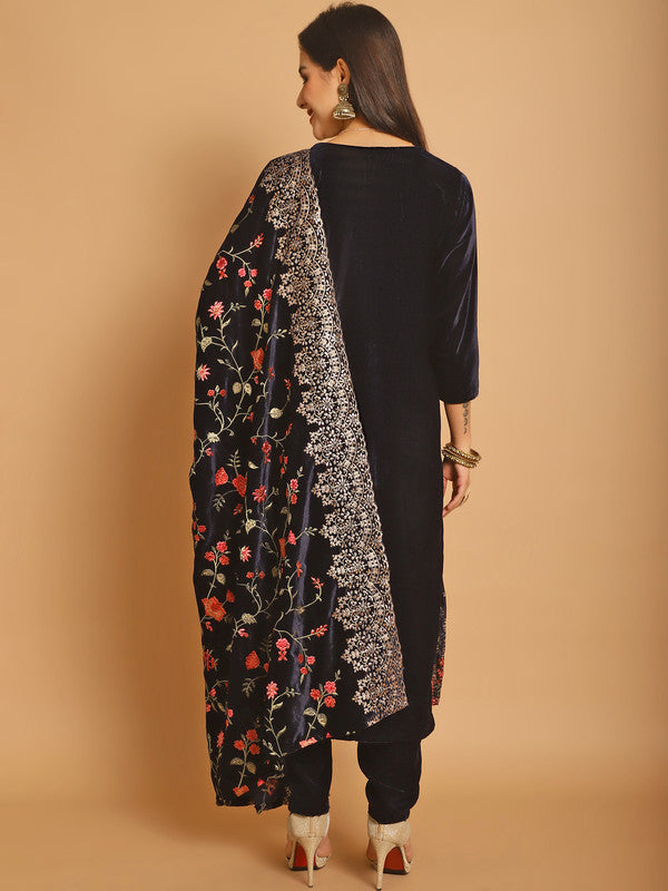 Jyoti Fashion Women's Navy Blue Velvet Floral Resham Thread with Jari & Sequince work Designer Straight Suit Set | Swadesiicart