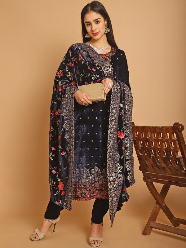 Jyoti Fashion Women's Navy Blue Velvet Floral Resham Thread with Jari & Sequince work Designer Straight Suit Set | Swadesiicart