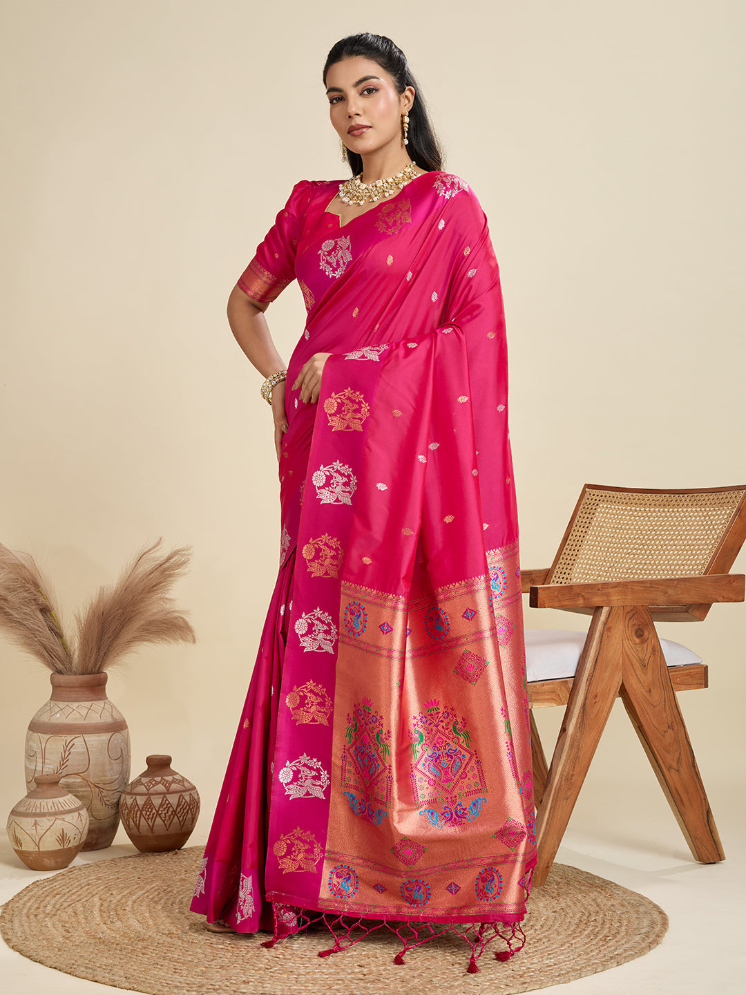 Jyoti Fashion Women's Rani Pink Soft Kanjivaram Paithani Silk Zari Woven Designer Saree with Blouse | Swadesiicart