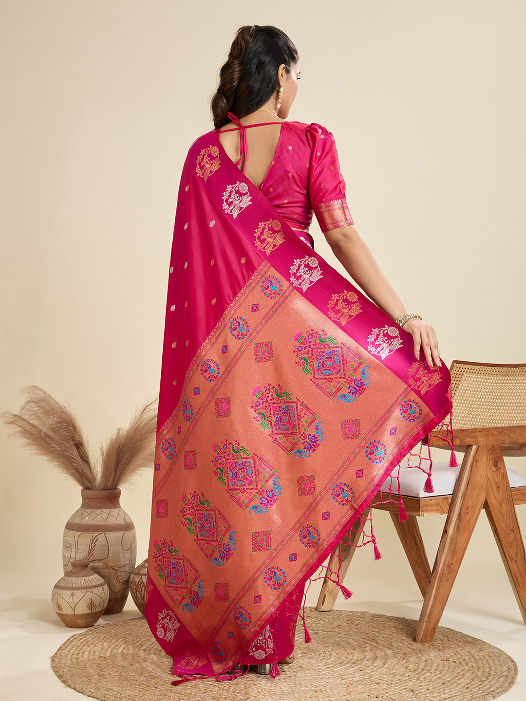 Jyoti Fashion Women's Rani Pink Soft Kanjivaram Paithani Silk Zari Woven Designer Saree with Blouse | Swadesiicart