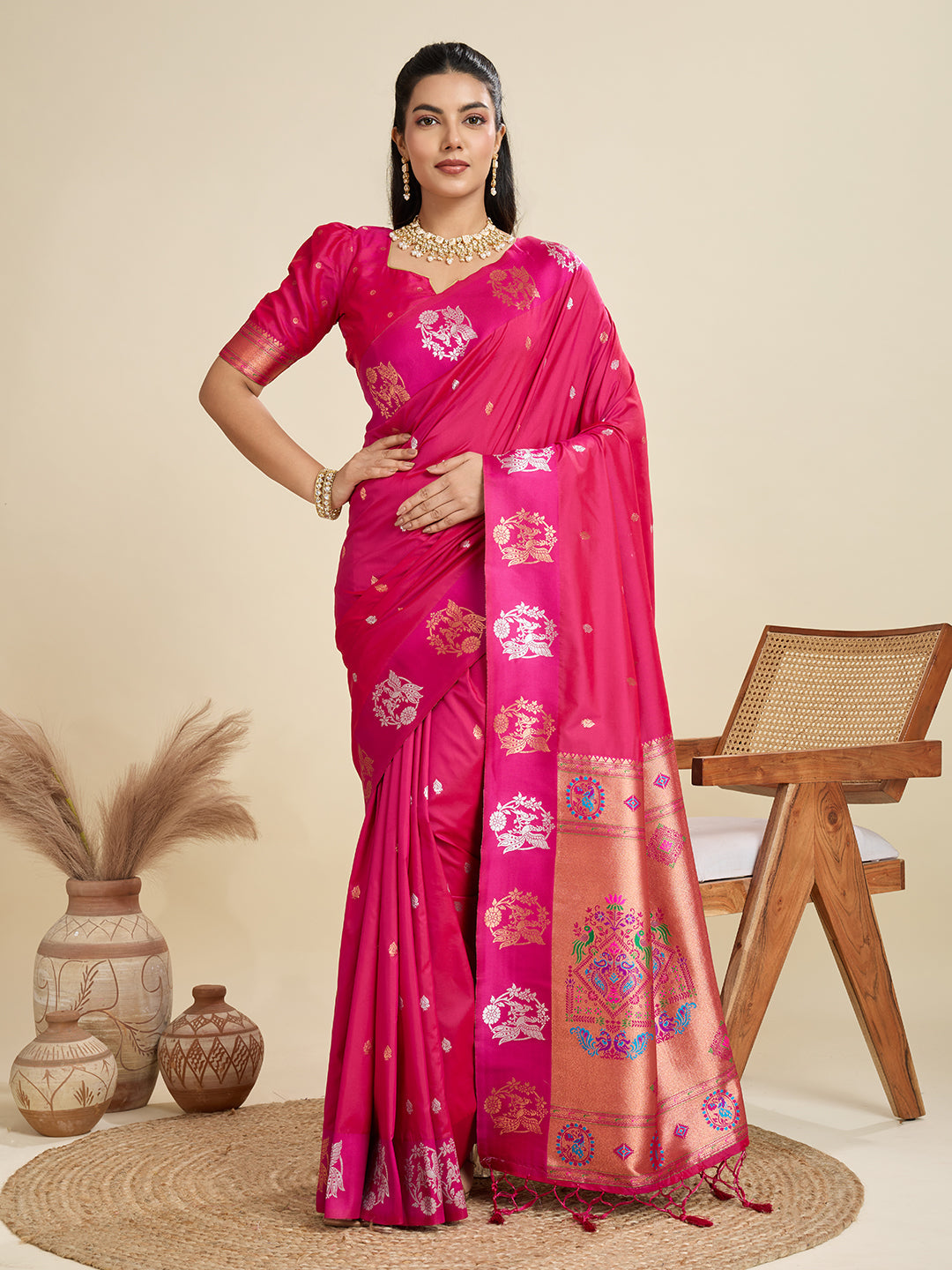 Jyoti Fashion Women's Rani Pink Soft Kanjivaram Paithani Silk Zari Woven Designer Saree with Blouse | Swadesiicart
