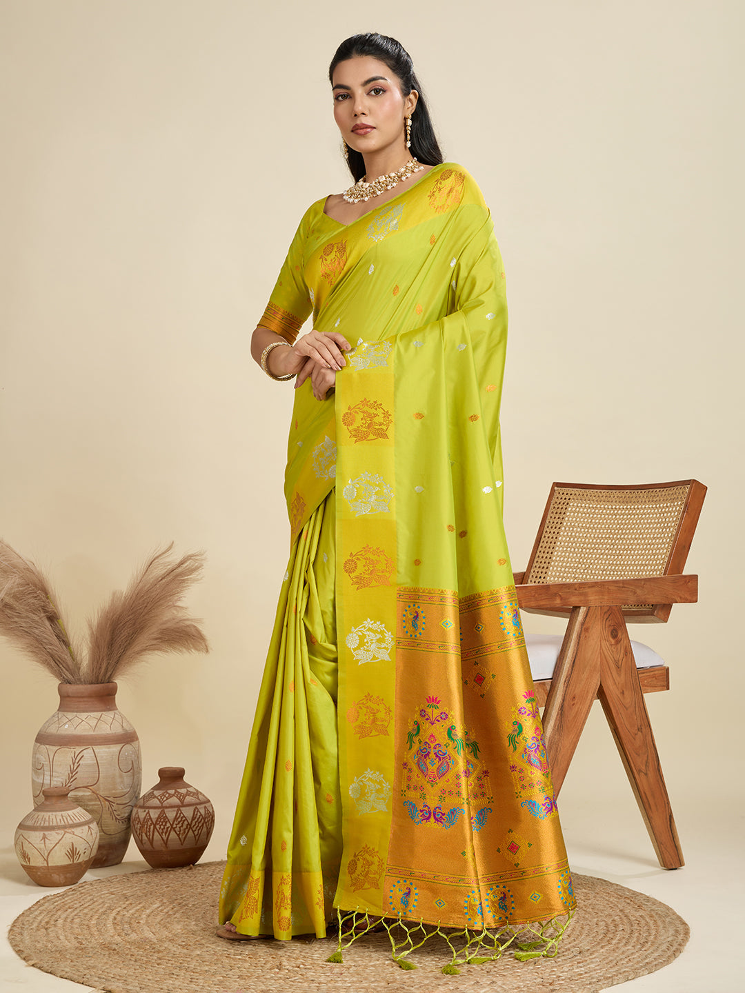 Jyoti Fashion Women's Mehendi Soft Kanjivaram Paithani Silk Zari Woven Designer Saree with Blouse | Swadesiicart