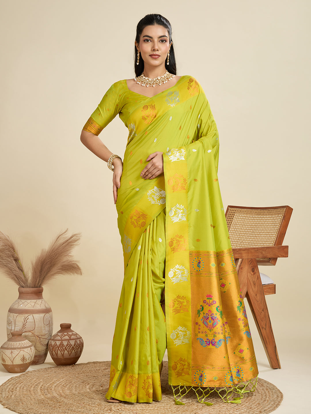 Jyoti Fashion Women's Mehendi Soft Kanjivaram Paithani Silk Zari Woven Designer Saree with Blouse | Swadesiicart