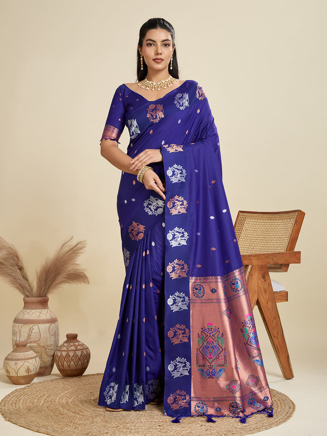 Jyoti Fashion Women's Blue Soft Kanjivaram Paithani Silk Zari Woven Designer Saree with Blouse | Swadesiicart