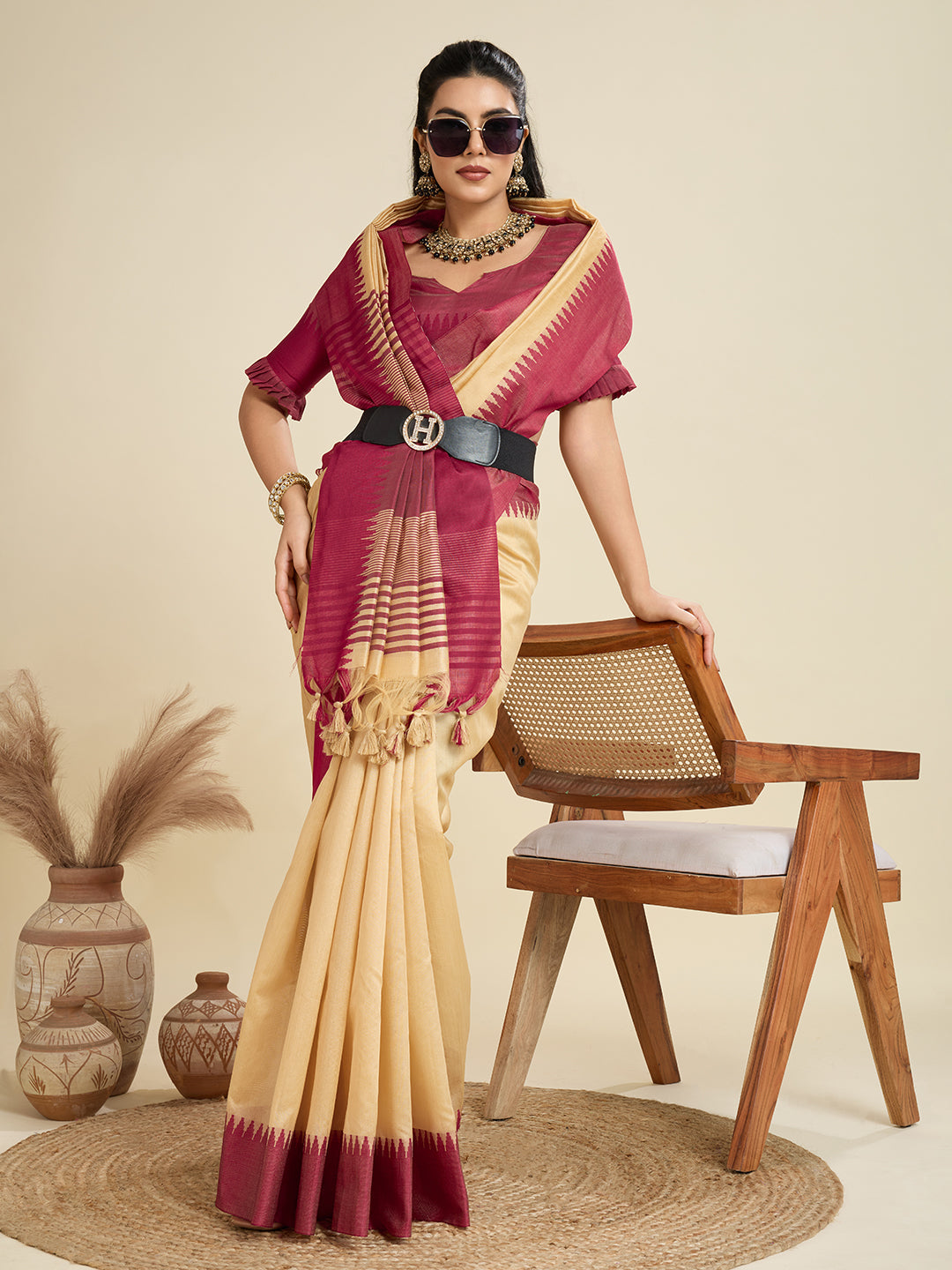 Jyoti Fashion Women's Cream Khadi Raw Silk Temple Woven Border Designer Saree with Blouse | Swadesiicart