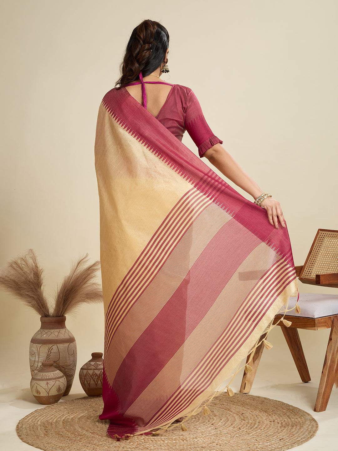Jyoti Fashion Women's Cream Khadi Raw Silk Temple Woven Border Designer Saree with Blouse | Swadesiicart