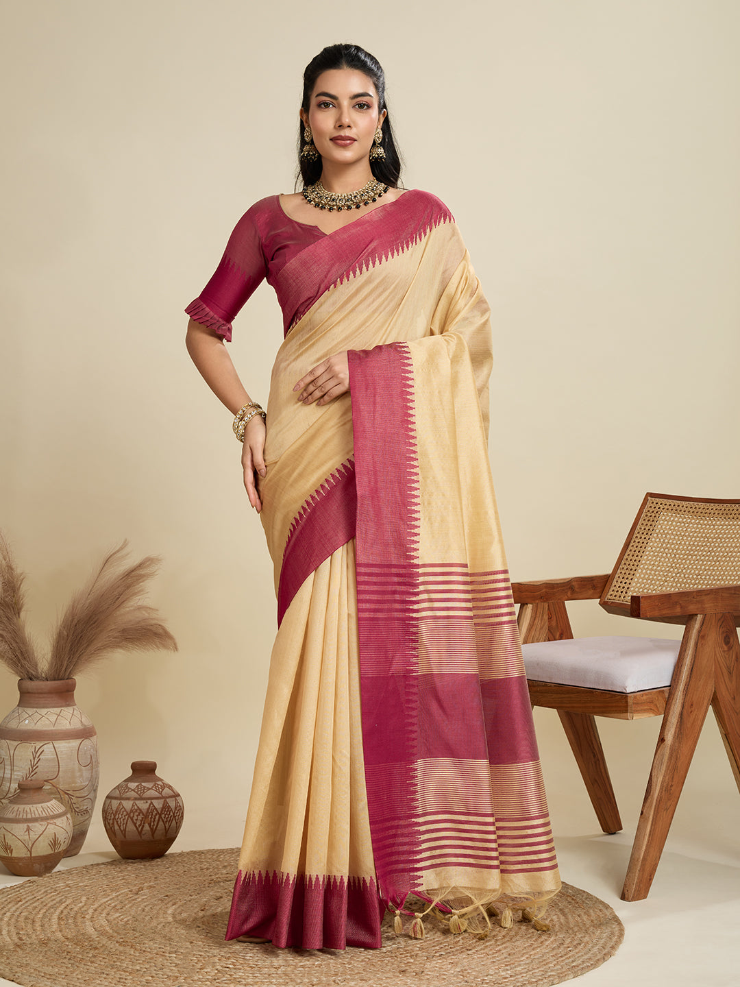 Jyoti Fashion Women's Cream Khadi Raw Silk Temple Woven Border Designer Saree with Blouse | Swadesiicart