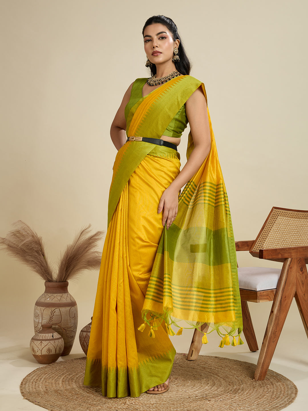 Jyoti Fashion Women's Yellow Khadi Raw Silk Temple Woven Border Designer Saree with Blouse | Swadesiicart