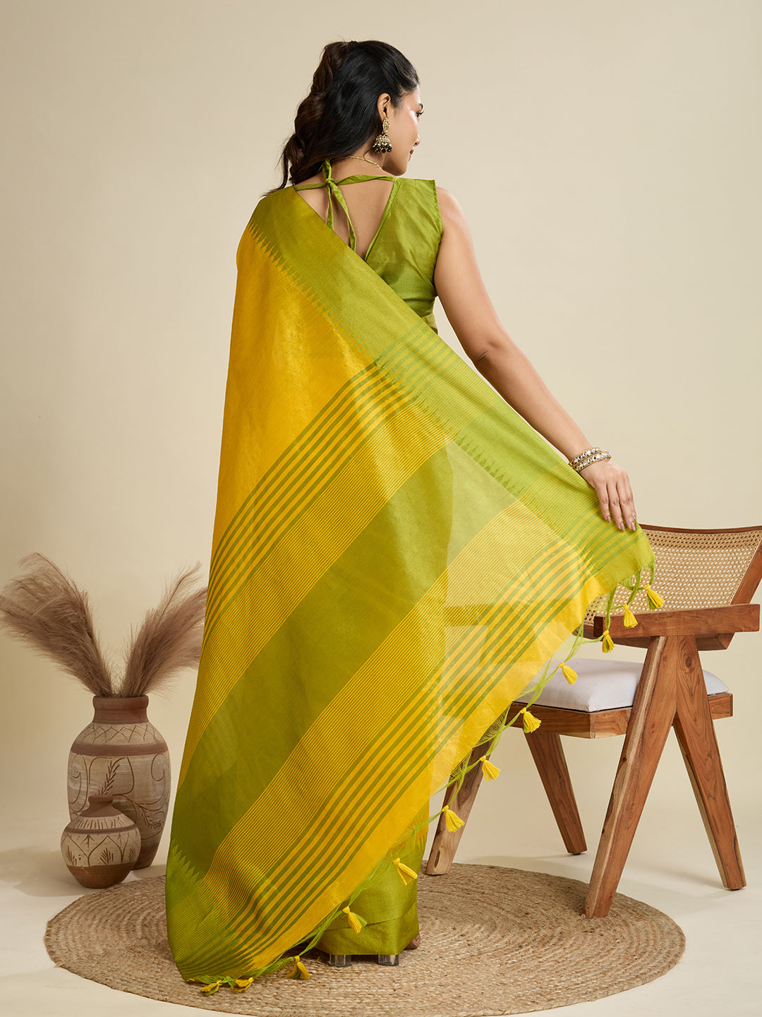 Jyoti Fashion Women's Yellow Khadi Raw Silk Temple Woven Border Designer Saree with Blouse | Swadesiicart