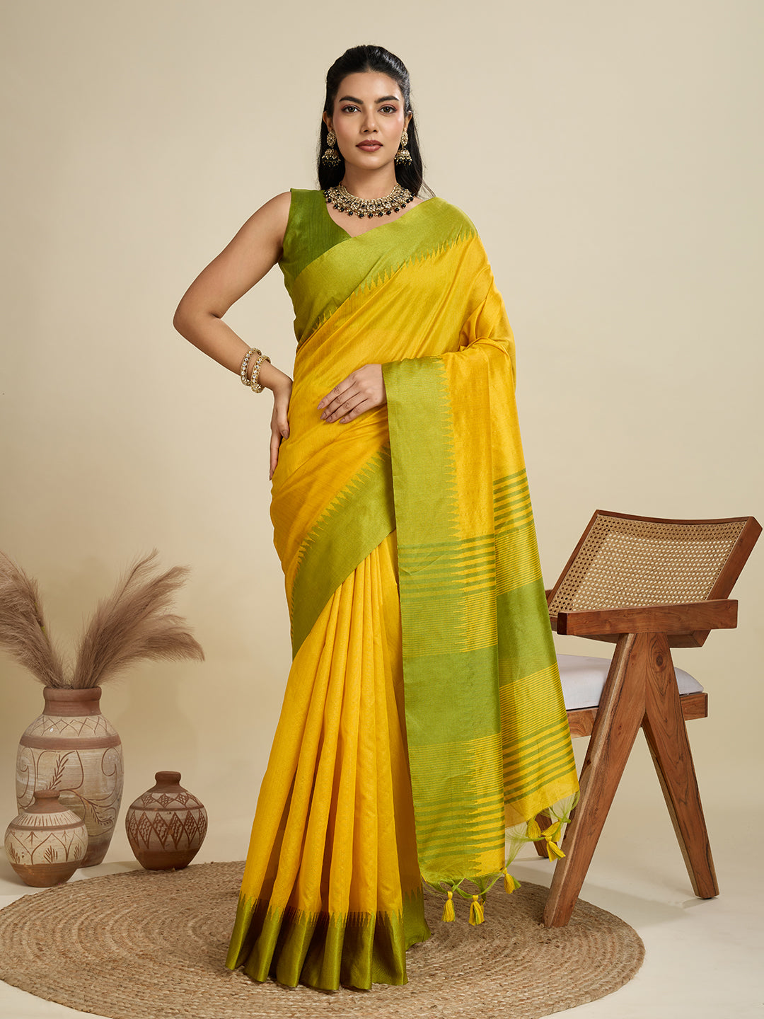 Jyoti Fashion Women's Yellow Khadi Raw Silk Temple Woven Border Designer Saree with Blouse | Swadesiicart