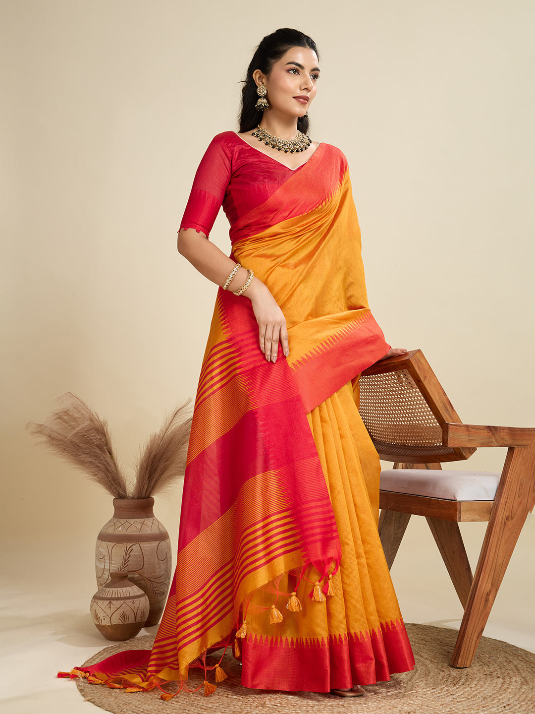 Jyoti Fashion Women's Mustard Khadi Raw Silk Temple Woven Border Designer Saree with Blouse | Swadesiicart