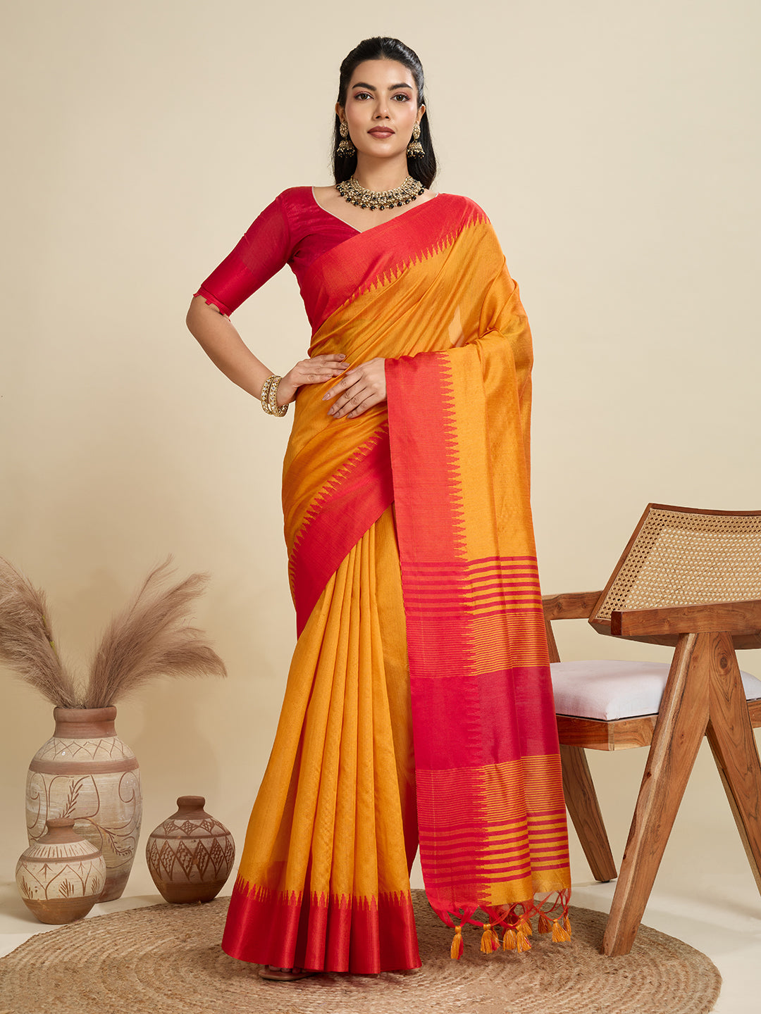 Jyoti Fashion Women's Mustard Khadi Raw Silk Temple Woven Border Designer Saree with Blouse | Swadesiicart