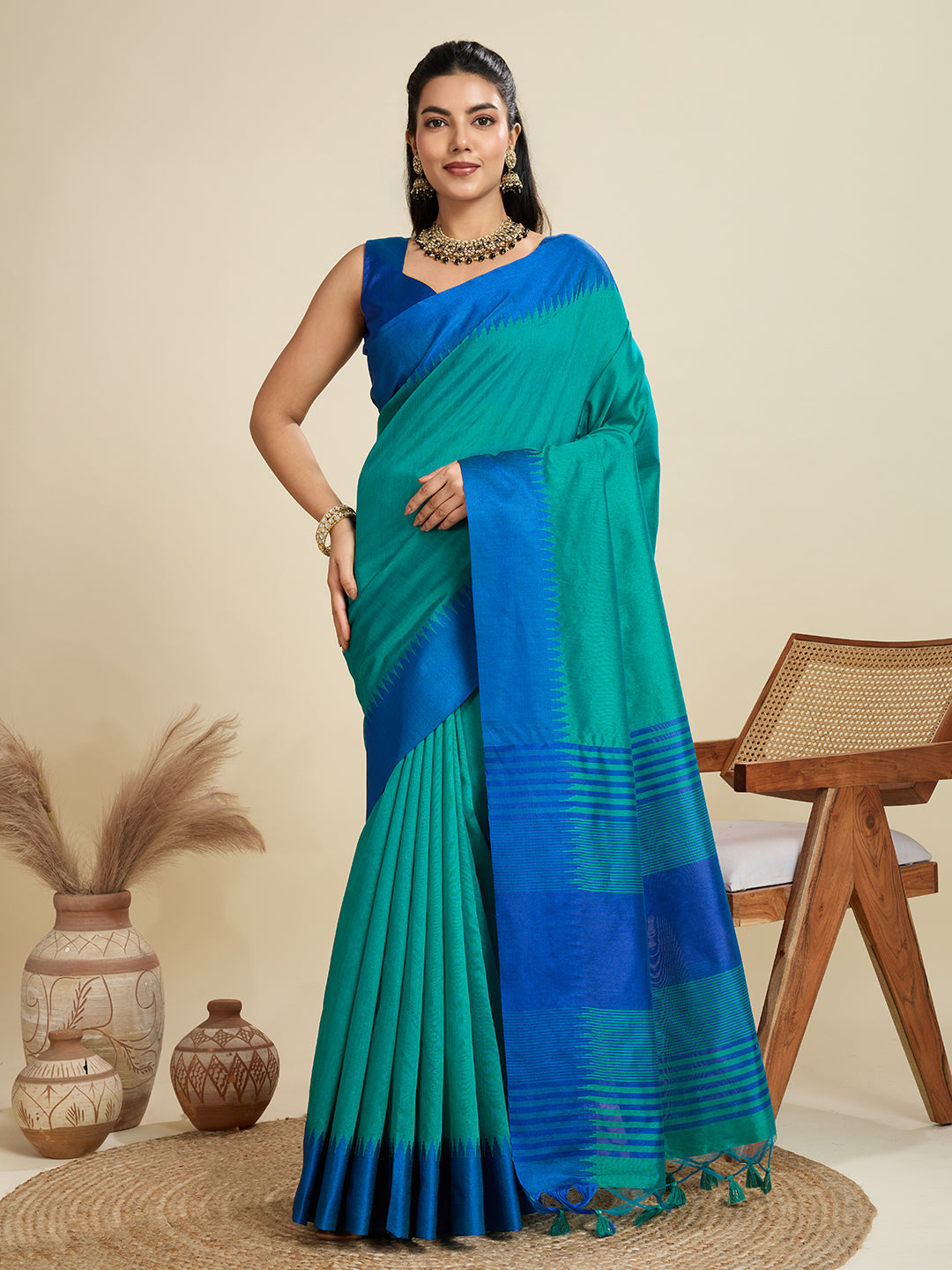 Jyoti Fashion Women's Rama Khadi Raw Silk Temple Woven Border Designer Saree with Blouse | Swadesiicart