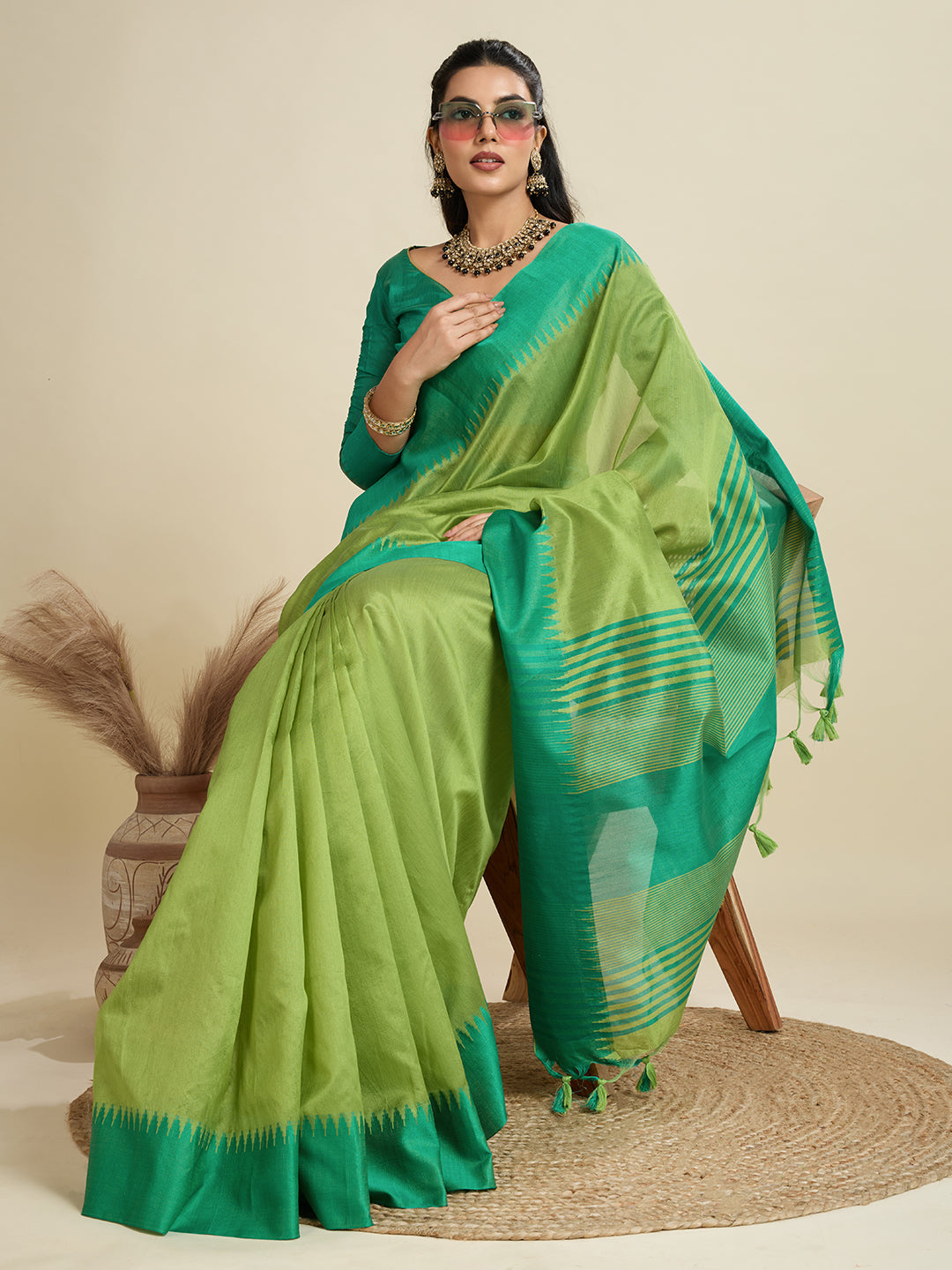 Jyoti Fashion Women's Mehendi Khadi Raw Silk Temple Woven Border Designer Saree with Blouse | Swadesiicart