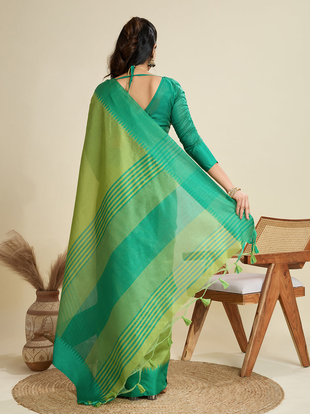 Jyoti Fashion Women's Mehendi Khadi Raw Silk Temple Woven Border Designer Saree with Blouse | Swadesiicart