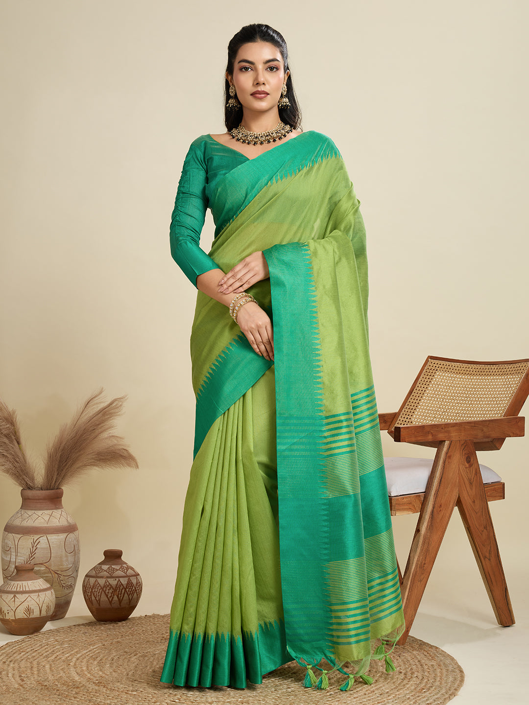 Jyoti Fashion Women's Mehendi Khadi Raw Silk Temple Woven Border Designer Saree with Blouse | Swadesiicart