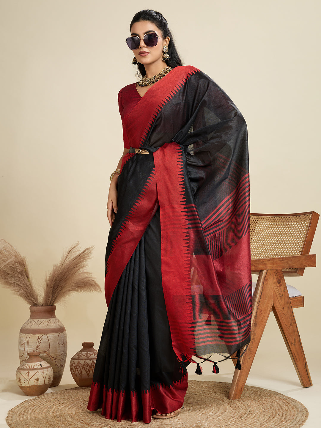 Jyoti Fashion Women's Black Khadi Raw Silk Temple Woven Border Designer Saree with Blouse | Swadesiicart