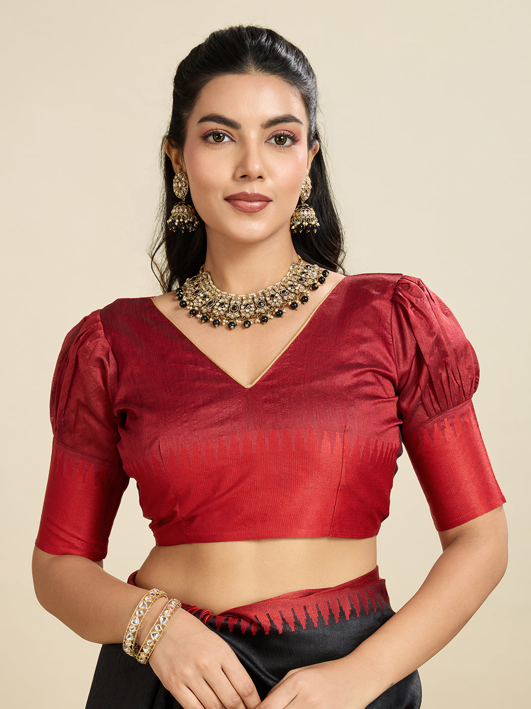 Jyoti Fashion Women's Black Khadi Raw Silk Temple Woven Border Designer Saree with Blouse | Swadesiicart