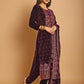 Jyoti Fashion Women's Wine Velvet Floral Resham Thread with Jari & Sequince work Designer Straight Suit Set | Swadesiicart