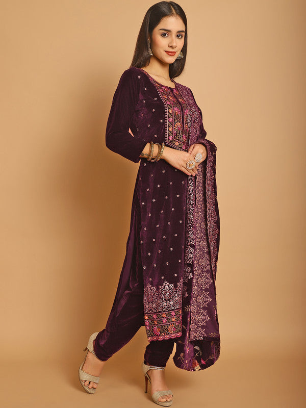 Jyoti Fashion Women's Wine Velvet Floral Resham Thread with Jari & Sequince work Designer Straight Suit Set | Swadesiicart