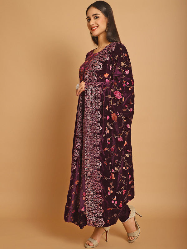 Jyoti Fashion Women's Wine Velvet Floral Resham Thread with Jari & Sequince work Designer Straight Suit Set | Swadesiicart