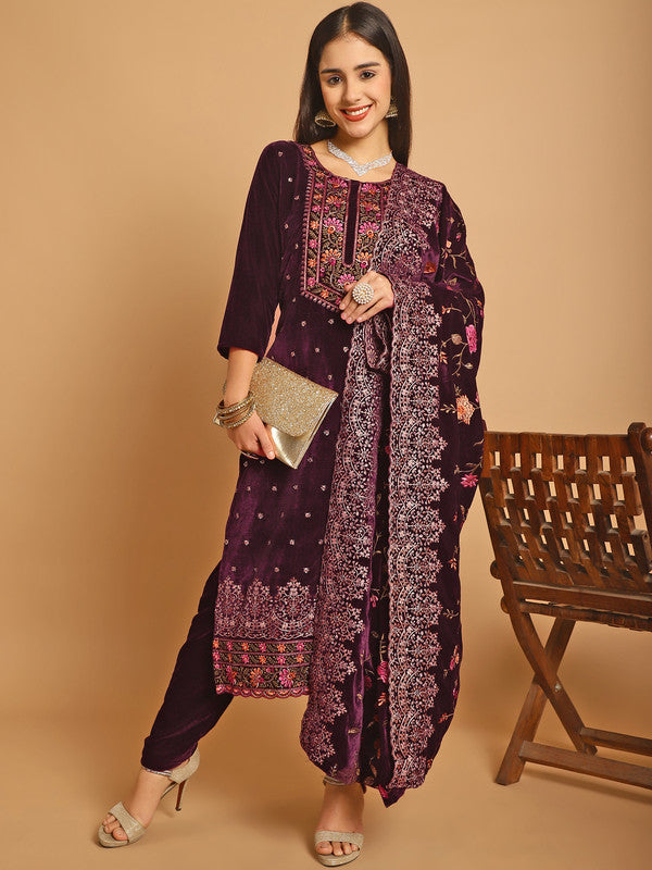 Jyoti Fashion Women's Wine Velvet Floral Resham Thread with Jari & Sequince work Designer Straight Suit Set | Swadesiicart