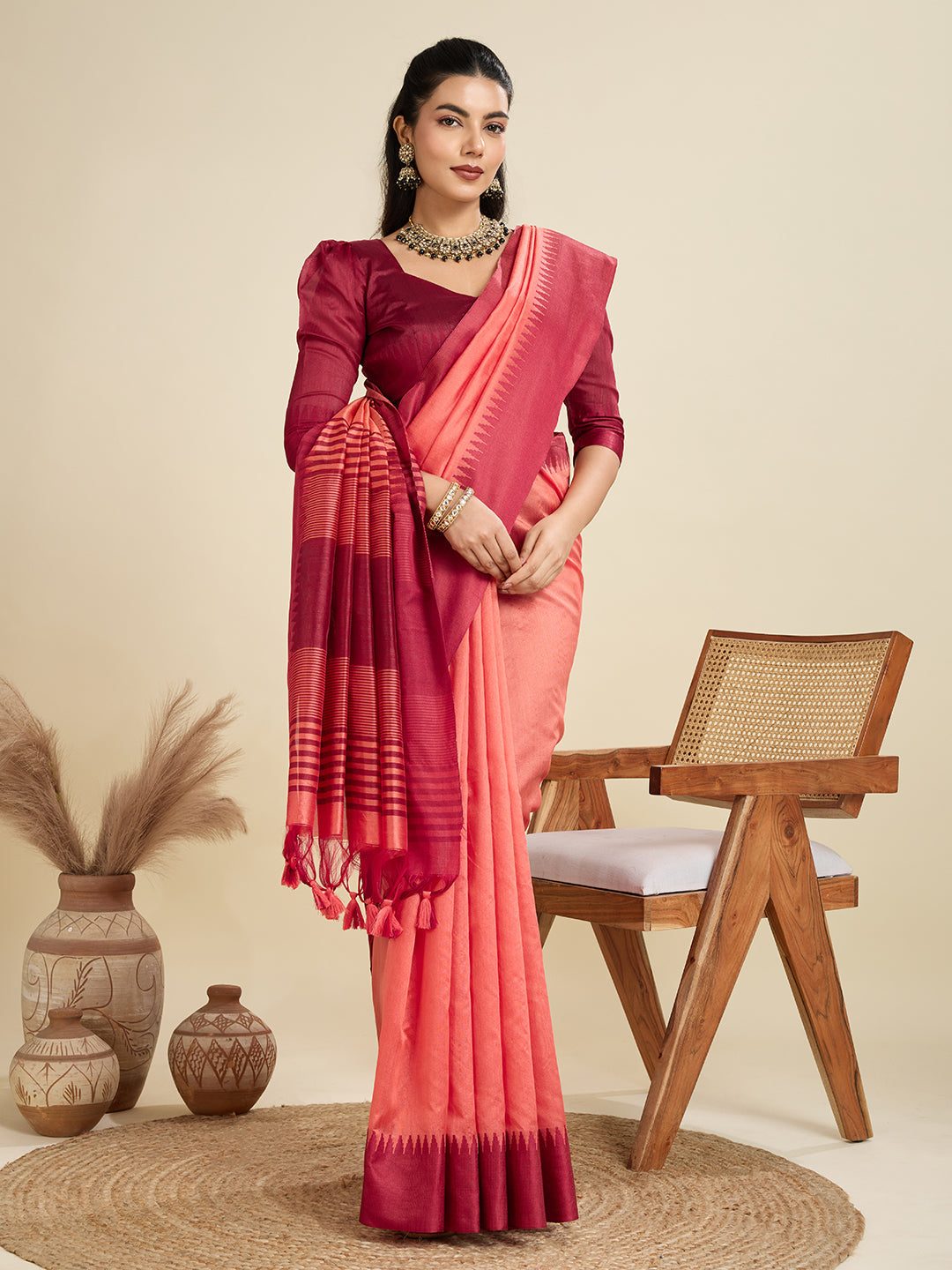 Jyoti Fashion Women's Peach Khadi Raw Silk Temple Woven Border Designer Saree with Blouse | Swadesiicart