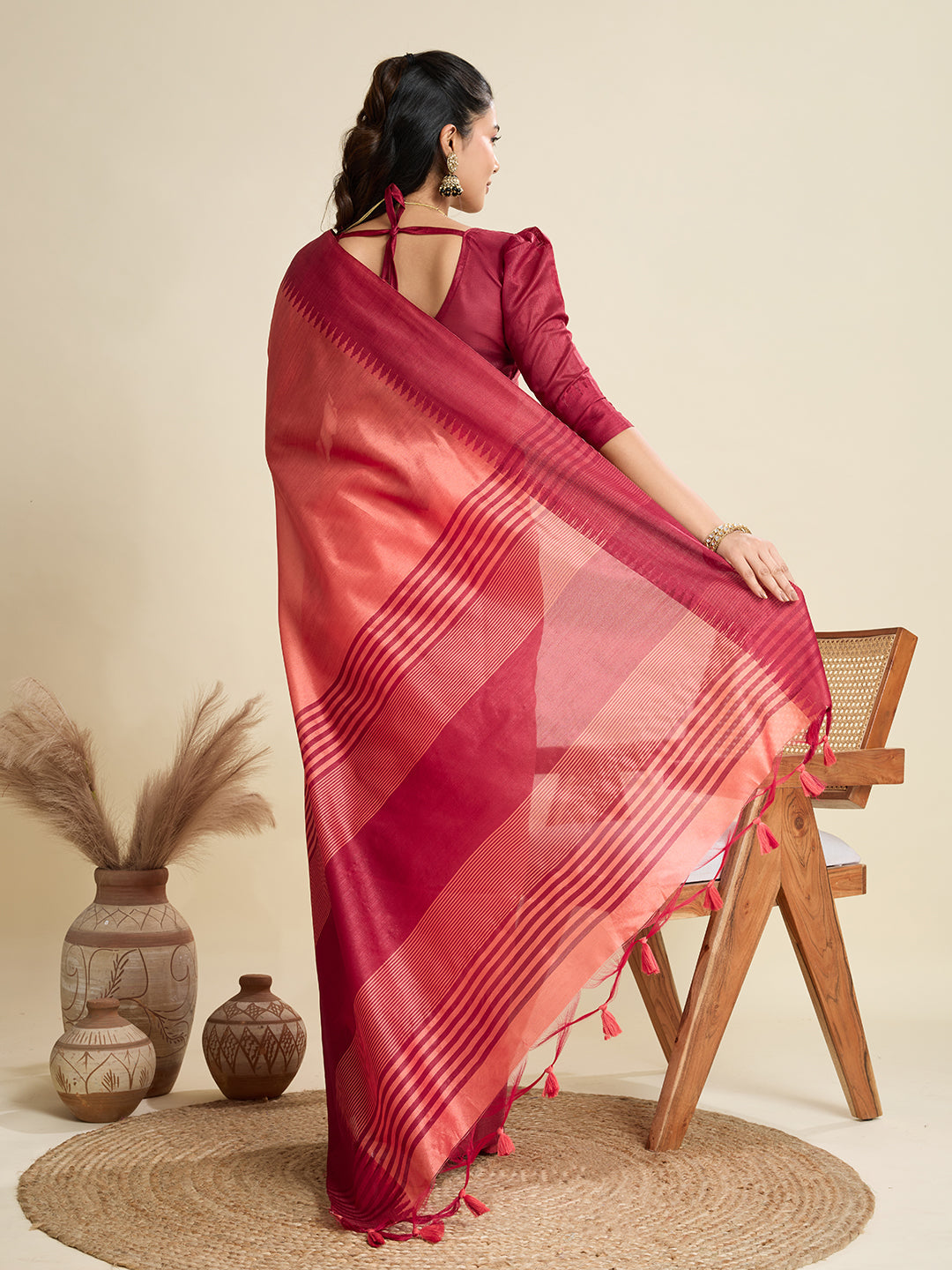 Jyoti Fashion Women's Peach Khadi Raw Silk Temple Woven Border Designer Saree with Blouse | Swadesiicart