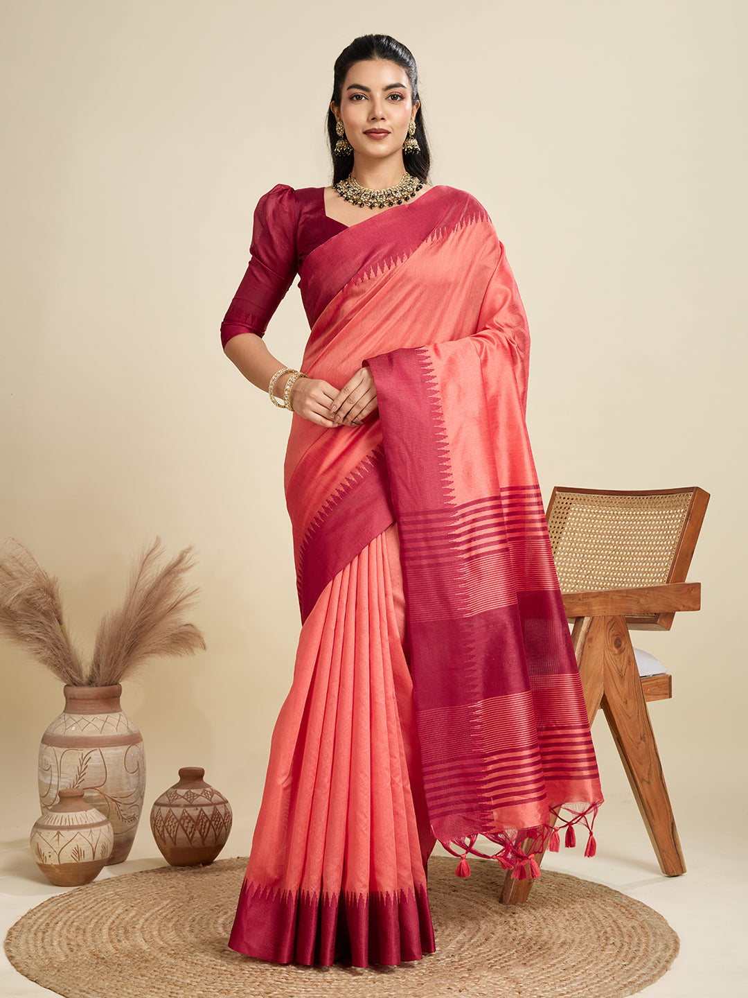 Jyoti Fashion Women's Peach Khadi Raw Silk Temple Woven Border Designer Saree with Blouse | Swadesiicart