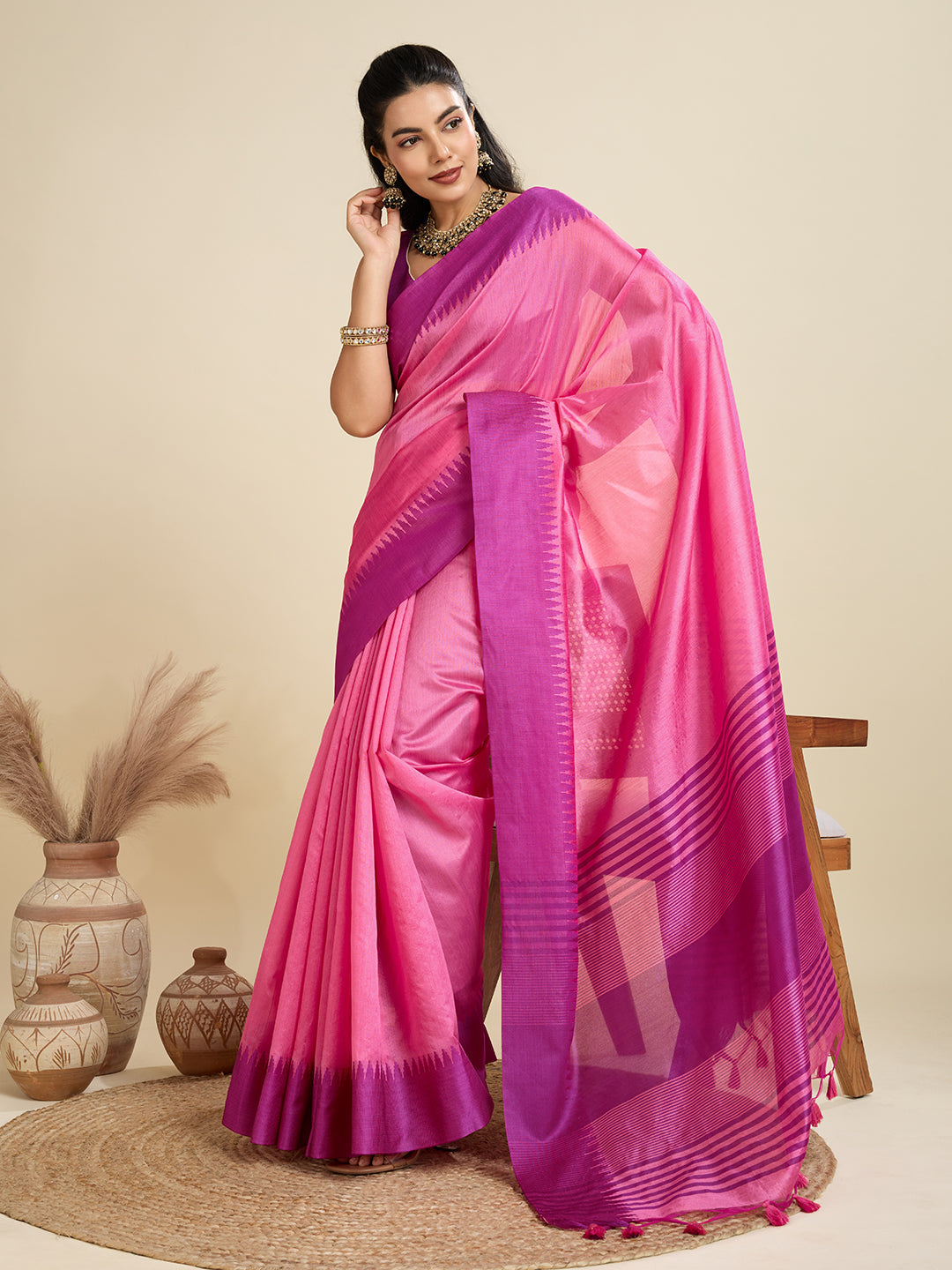 Jyoti Fashion Women's Pink Khadi Raw Silk Temple Woven Border Designer Saree with Blouse | Swadesiicart