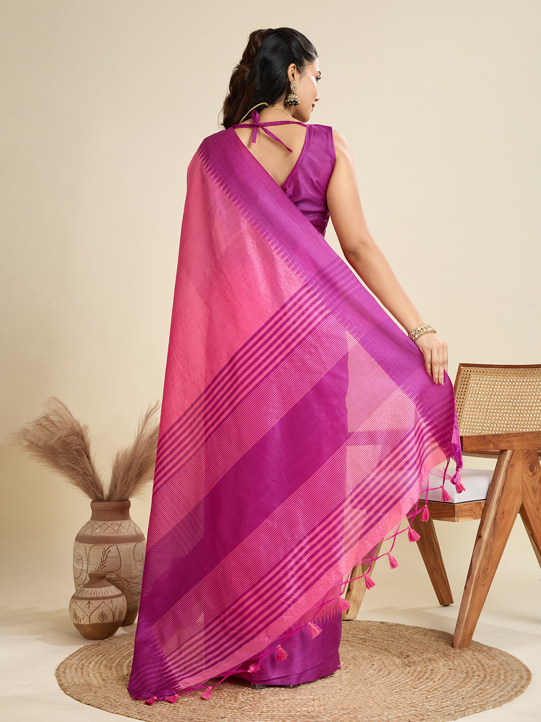 Jyoti Fashion Women's Pink Khadi Raw Silk Temple Woven Border Designer Saree with Blouse | Swadesiicart