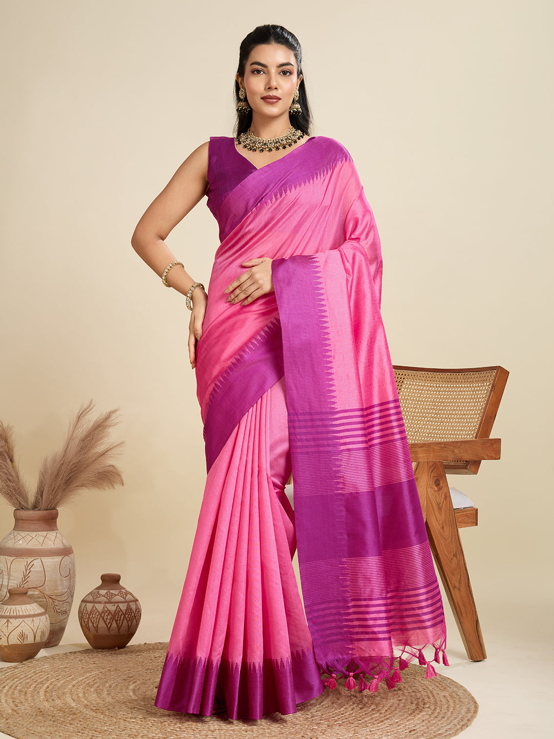 Jyoti Fashion Women's Pink Khadi Raw Silk Temple Woven Border Designer Saree with Blouse | Swadesiicart