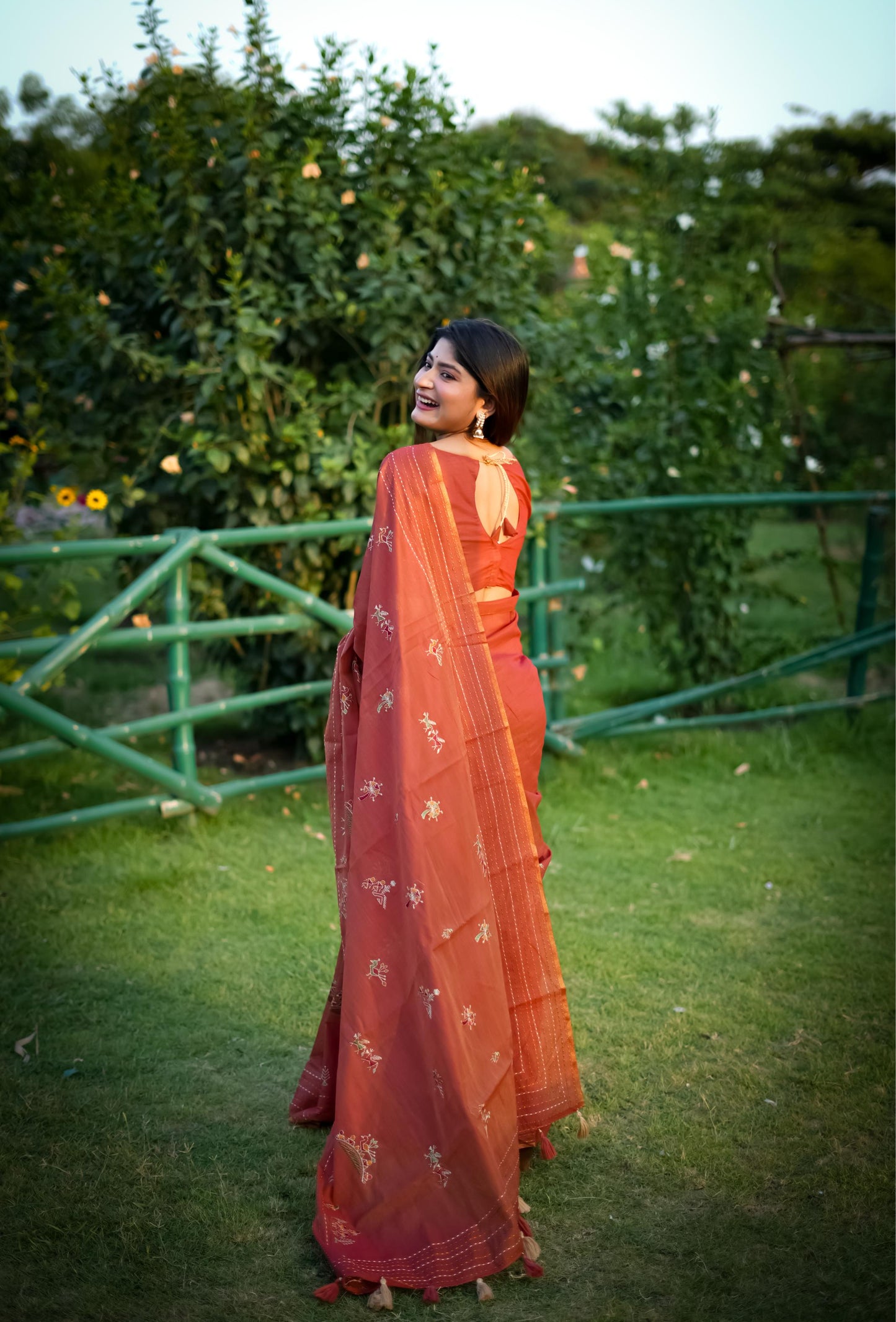 Jyoti Fashion Women's Orange Tussar Silk Traditional Thread Work Designer Saree with Blouse | Swadesiicart
