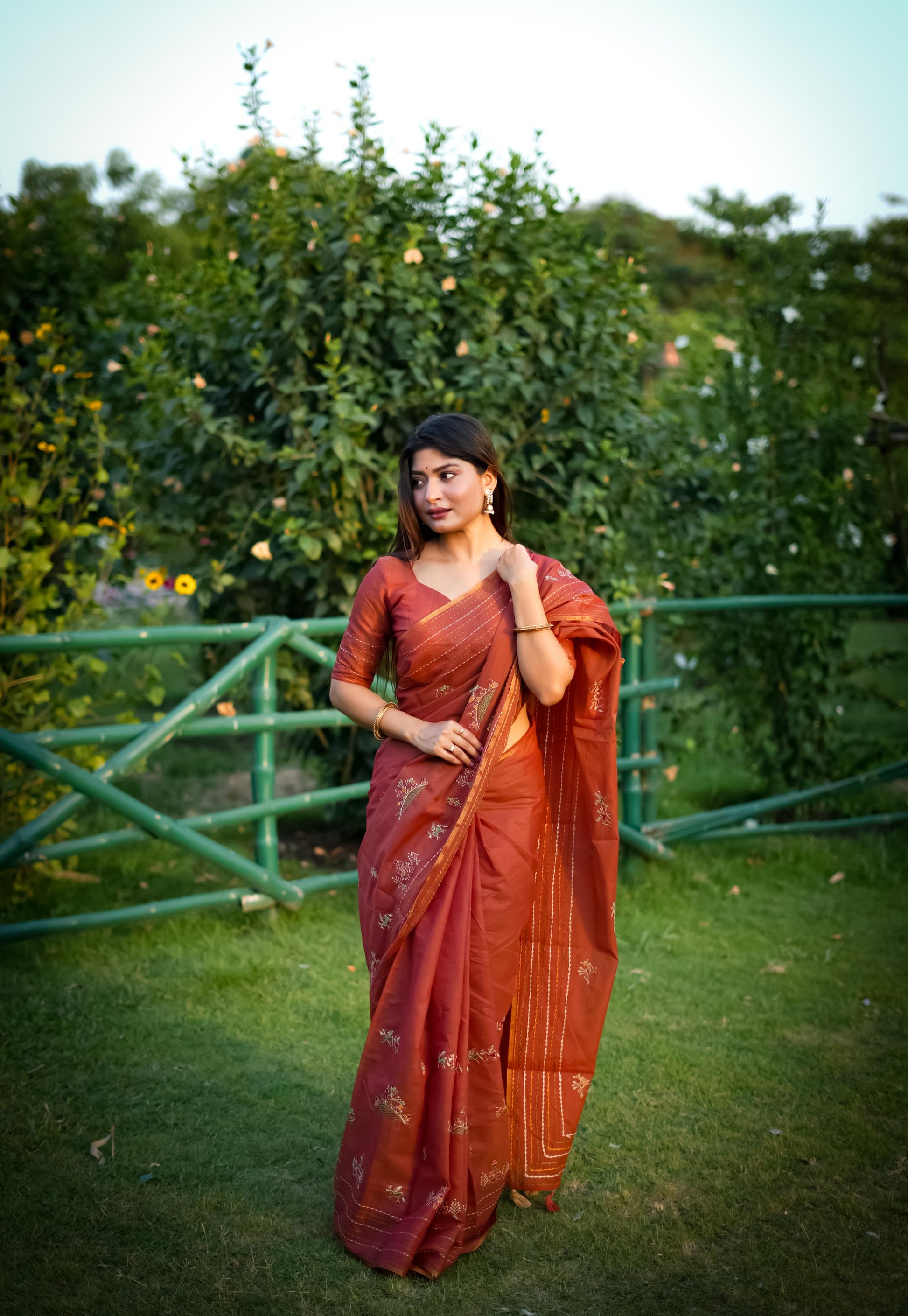 Jyoti Fashion Women's Orange Tussar Silk Traditional Thread Work Designer Saree with Blouse | Swadesiicart