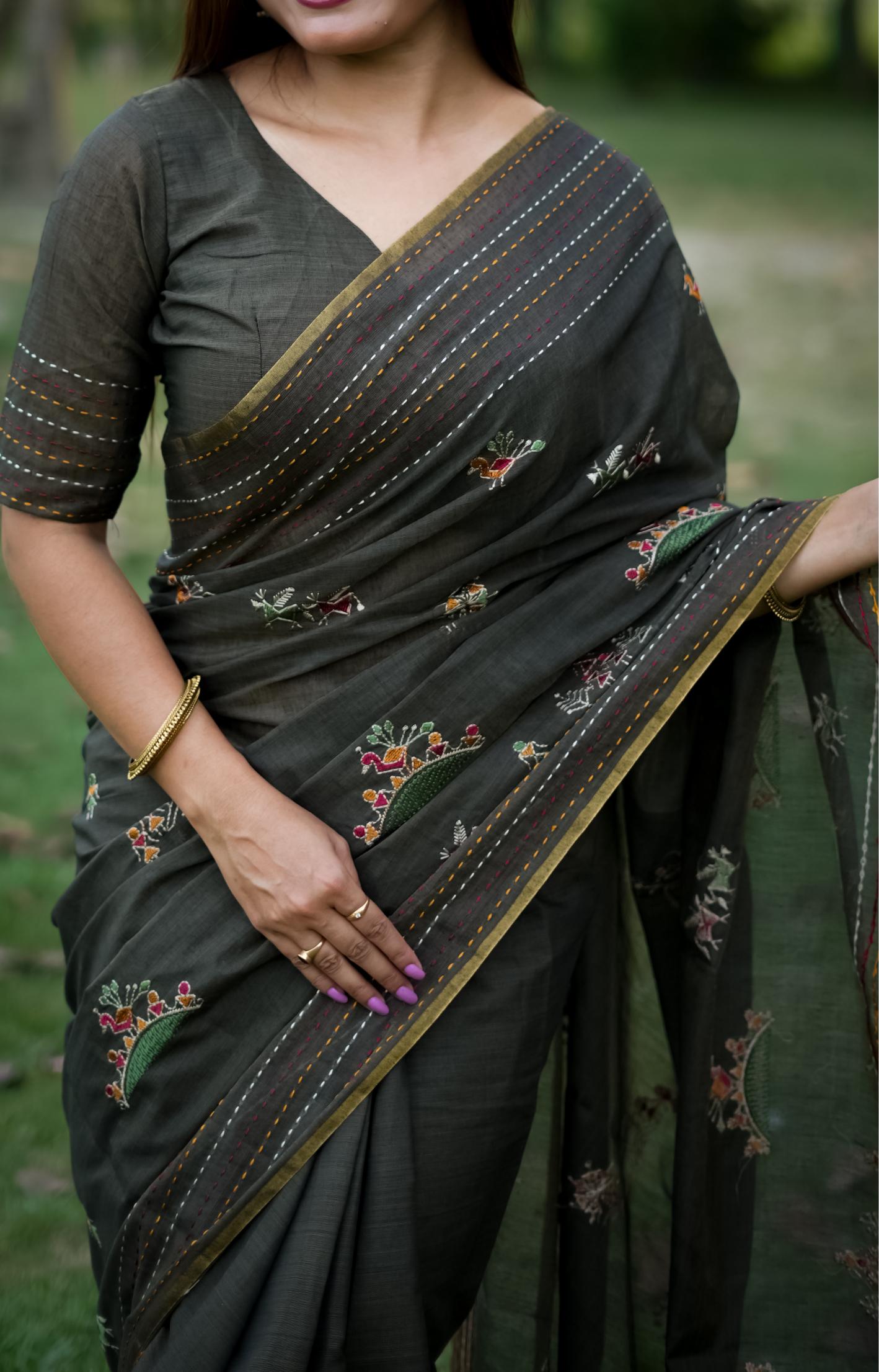Jyoti Fashion Women's Black Tussar Silk Traditional Thread Work Designer Saree with Blouse | Swadesiicart
