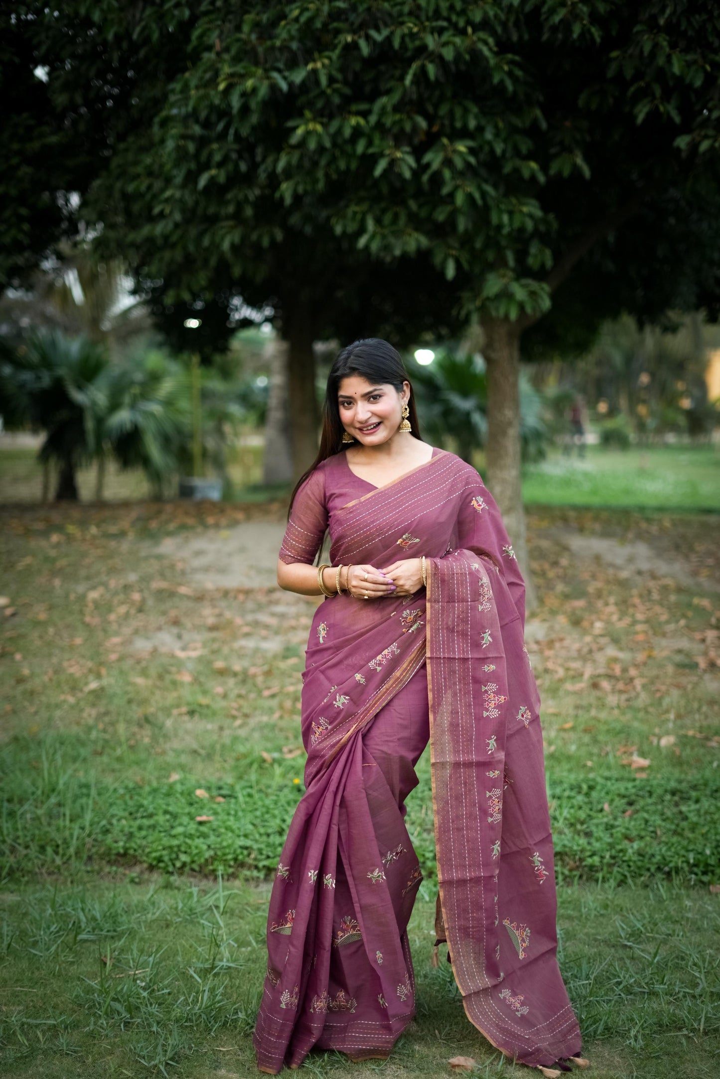 Jyoti Fashion Women's Wine Tussar Silk Traditional Thread Work Designer Saree with Blouse | Swadesiicart