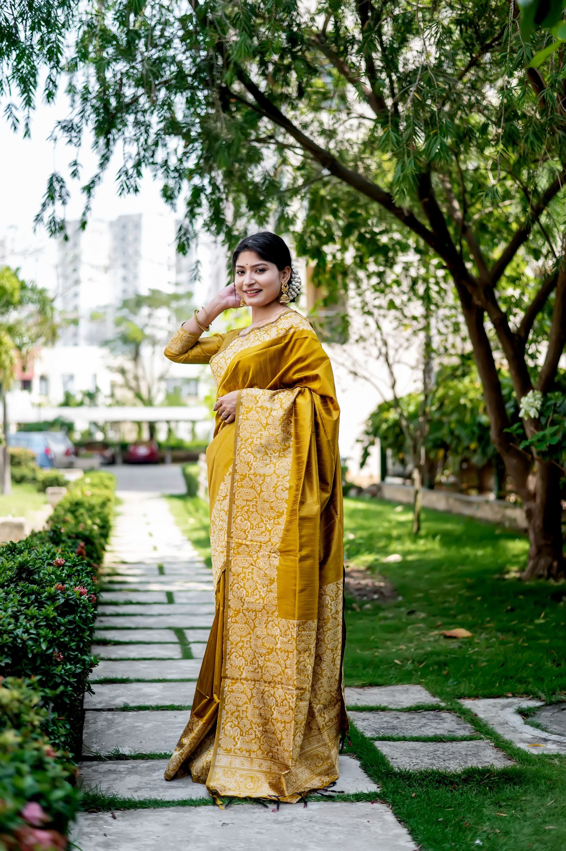 Jyoti Fashion Women's Mustard Handloom Raw Silk Weaving Designer Saree with Blouse | Swadesiicart