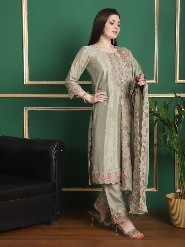 Jyoti Fashion Women's Olive Chinon Chiffon Floral Embroidery with Cording & Crystal Work Designer Straight Suit Set | Swadesiicart