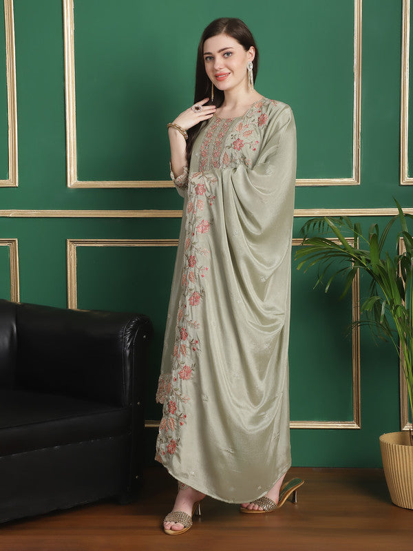 Jyoti Fashion Women's Olive Chinon Chiffon Floral Embroidery with Cording & Crystal Work Designer Straight Suit Set | Swadesiicart