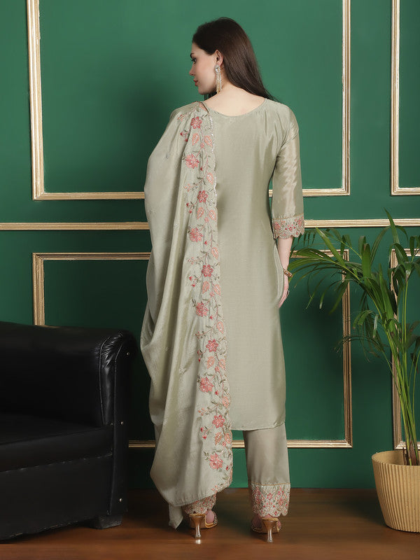 Jyoti Fashion Women's Olive Chinon Chiffon Floral Embroidery with Cording & Crystal Work Designer Straight Suit Set | Swadesiicart