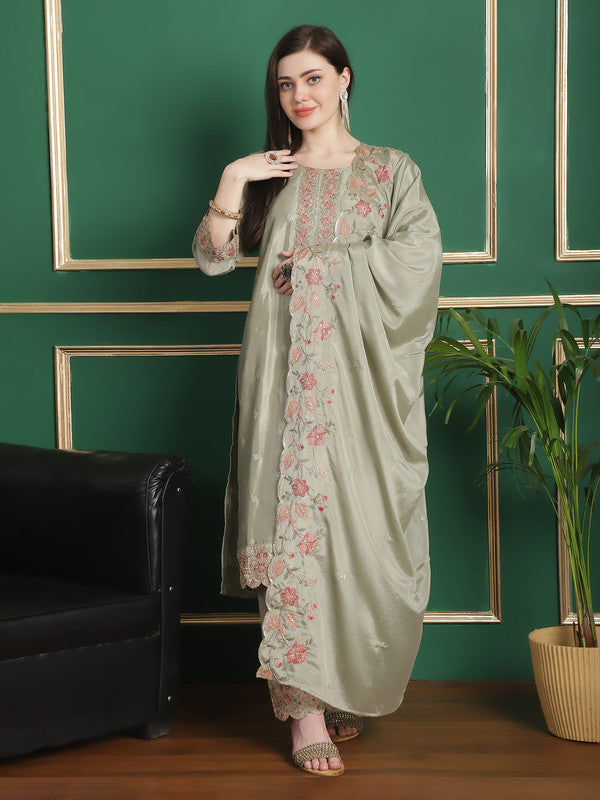 Jyoti Fashion Women's Olive Chinon Chiffon Floral Embroidery with Cording & Crystal Work Designer Straight Suit Set | Swadesiicart