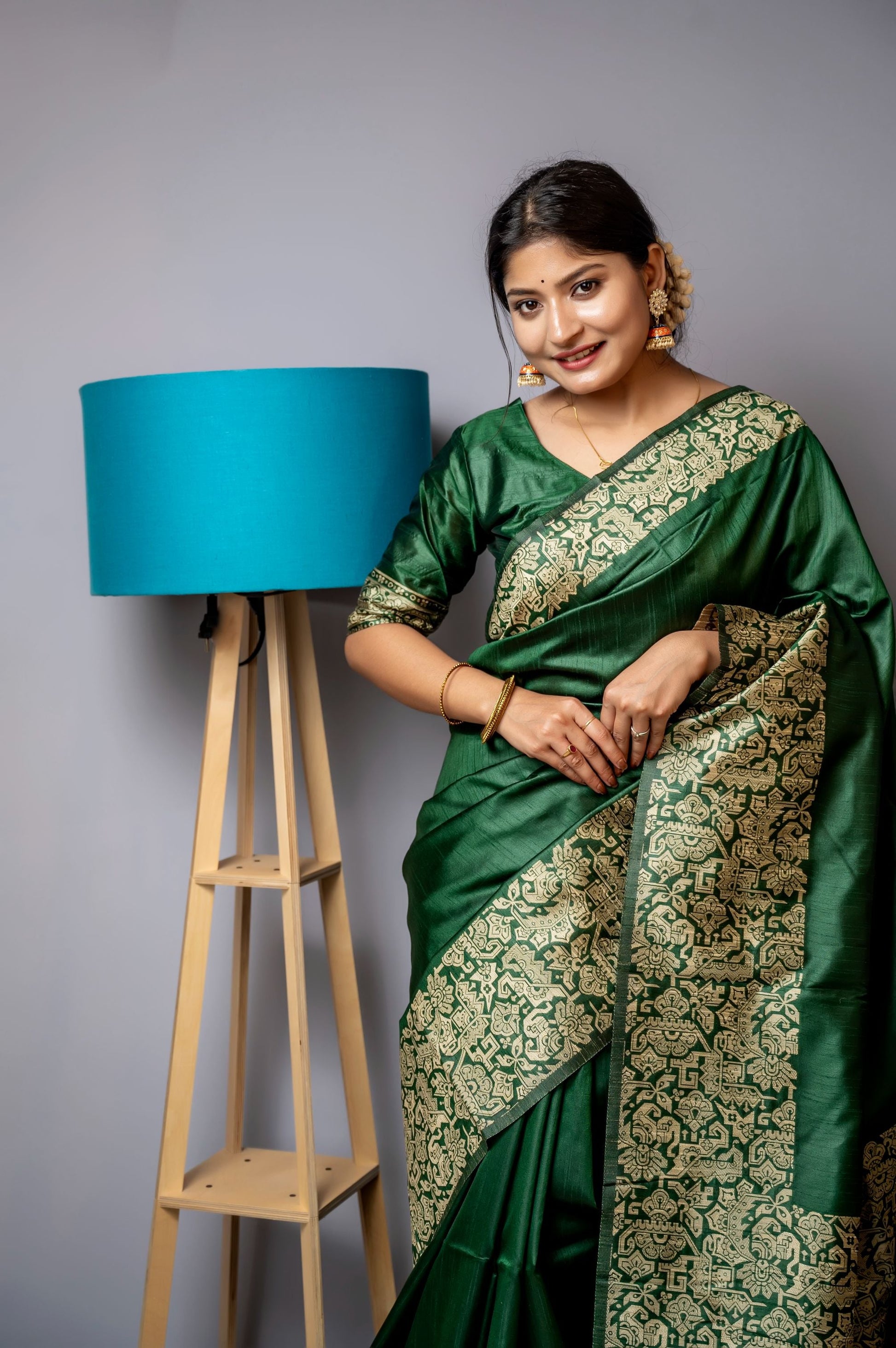 Jyoti Fashion Women's Bottle Green Handloom Raw Silk Weaving Designer Saree with Blouse | Swadesiicart