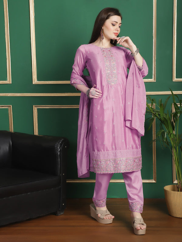 Jyoti Fashion Women's Pink Chinon Chiffon Floral Embroidery with Cording & Crystal Work Designer Straight Suit Set | Swadesiicart