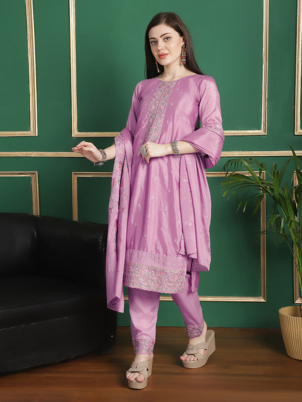 Jyoti Fashion Women's Pink Chinon Chiffon Floral Embroidery with Cording & Crystal Work Designer Straight Suit Set | Swadesiicart