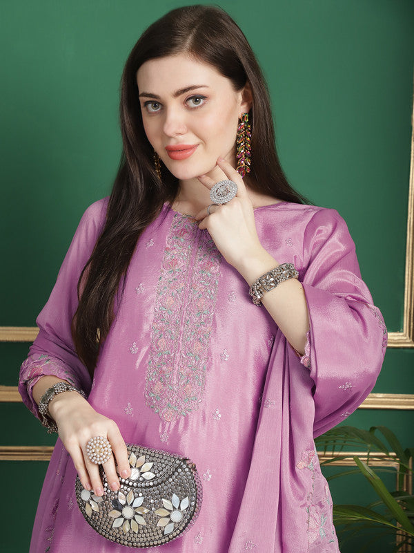 Jyoti Fashion Women's Pink Chinon Chiffon Floral Embroidery with Cording & Crystal Work Designer Straight Suit Set | Swadesiicart