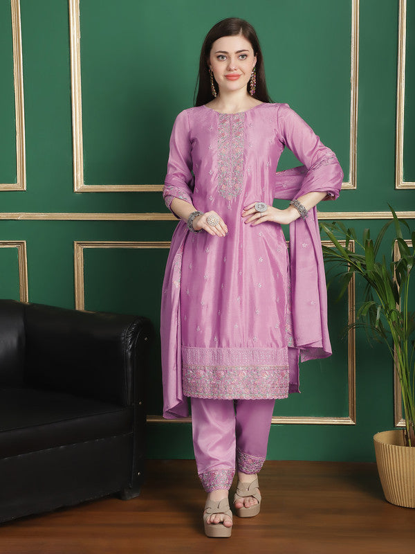 Jyoti Fashion Women's Pink Chinon Chiffon Floral Embroidery with Cording & Crystal Work Designer Straight Suit Set | Swadesiicart