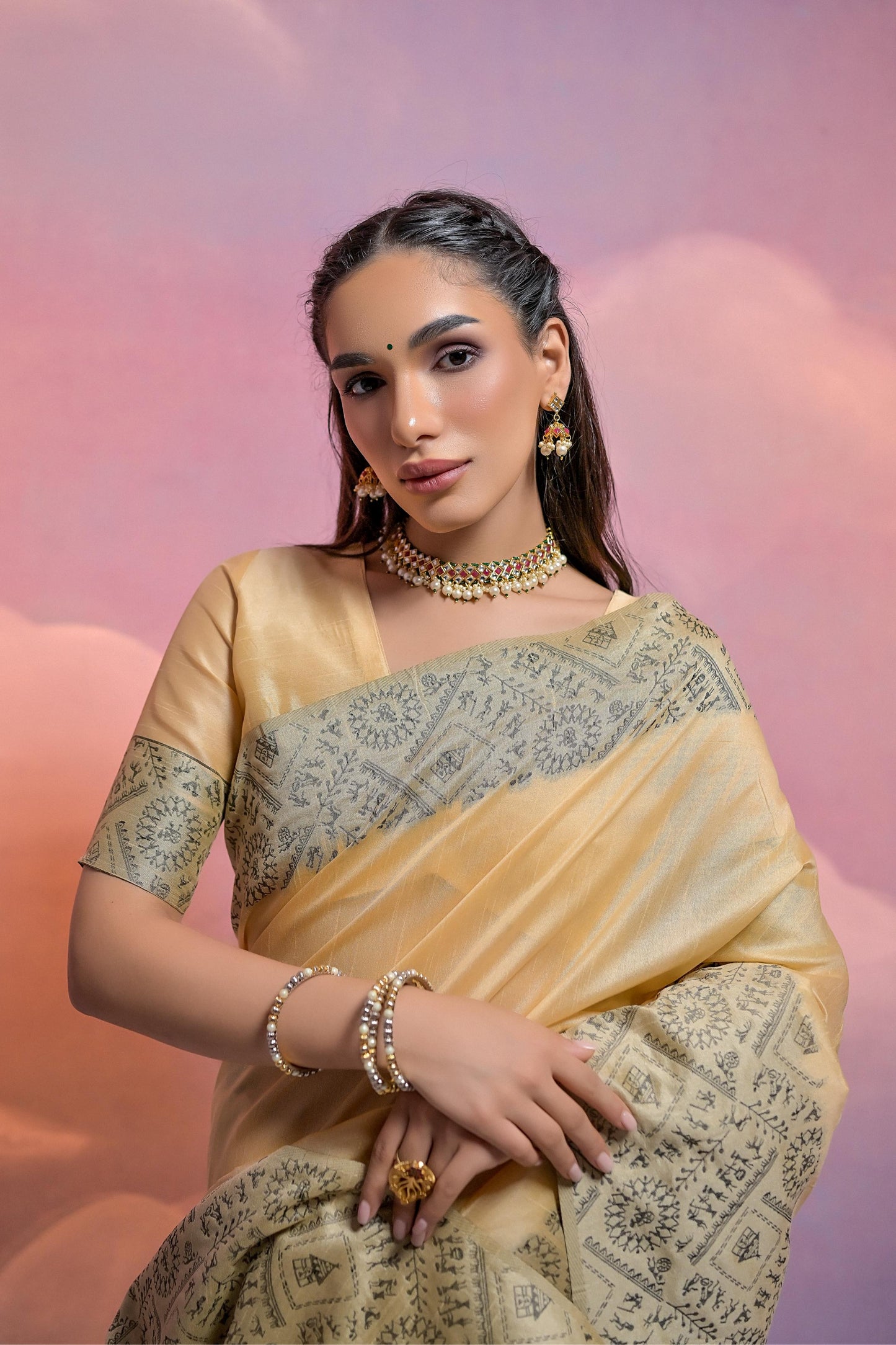 Jyoti Fashion Women's Cream Handloom Raw Silk Weaving Designer Saree with Blouse | Swadesiicart