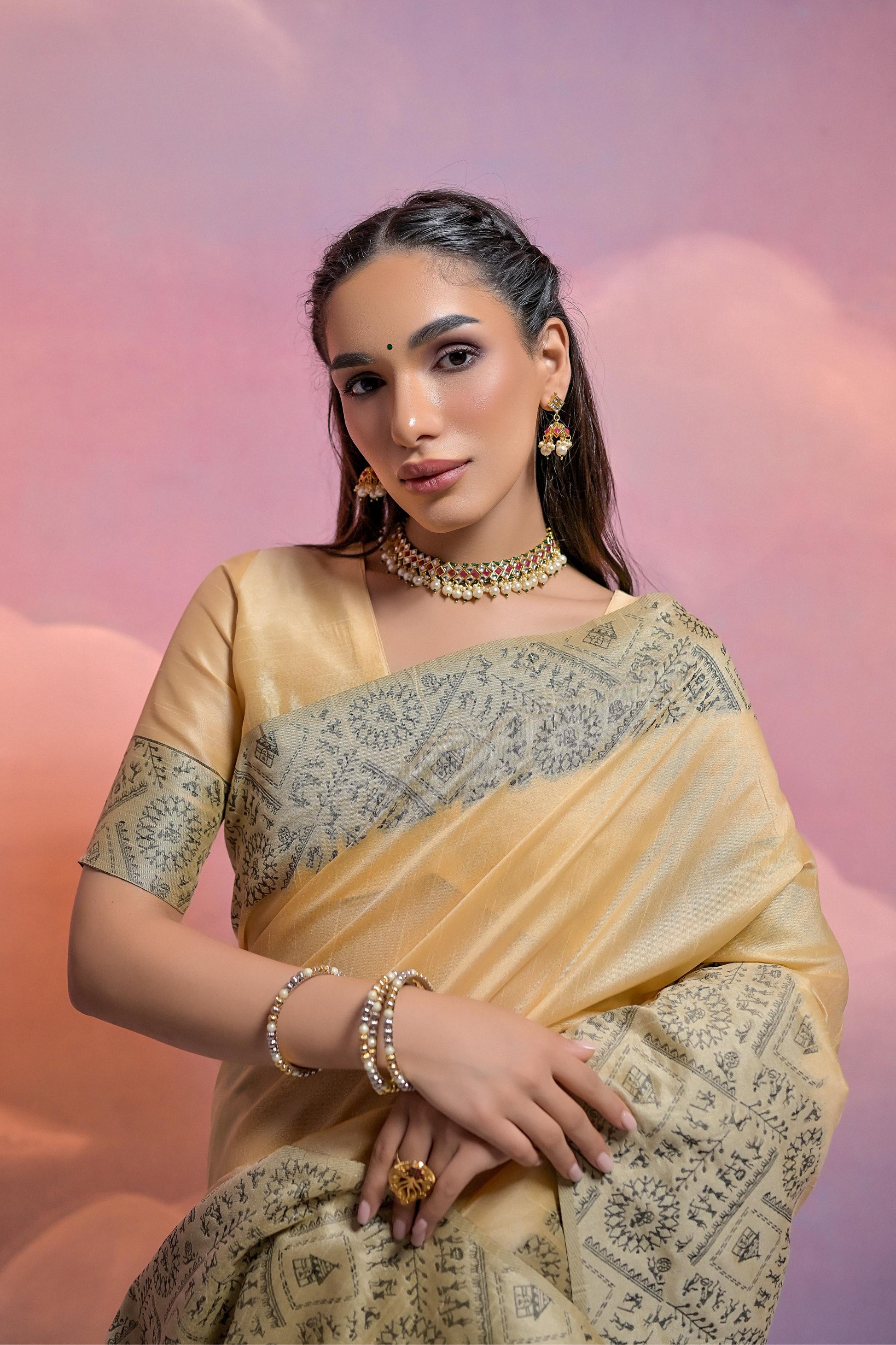 Jyoti Fashion Women's Cream Handloom Raw Silk Weaving Designer Saree with Blouse | Swadesiicart
