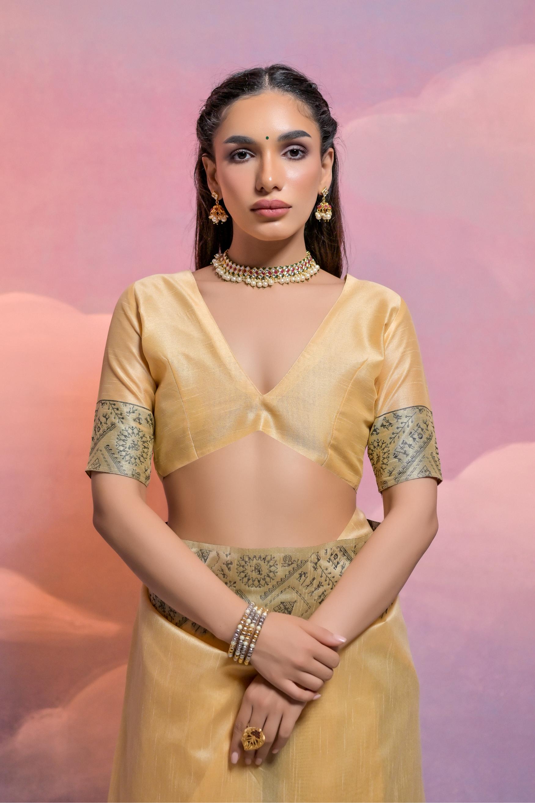 Jyoti Fashion Women's Cream Handloom Raw Silk Weaving Designer Saree with Blouse | Swadesiicart